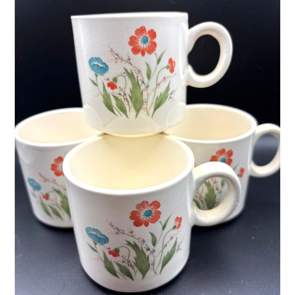 Vintage MCM Set of Four (4) Small Coffee Cups Wildflower Design Made in Japan